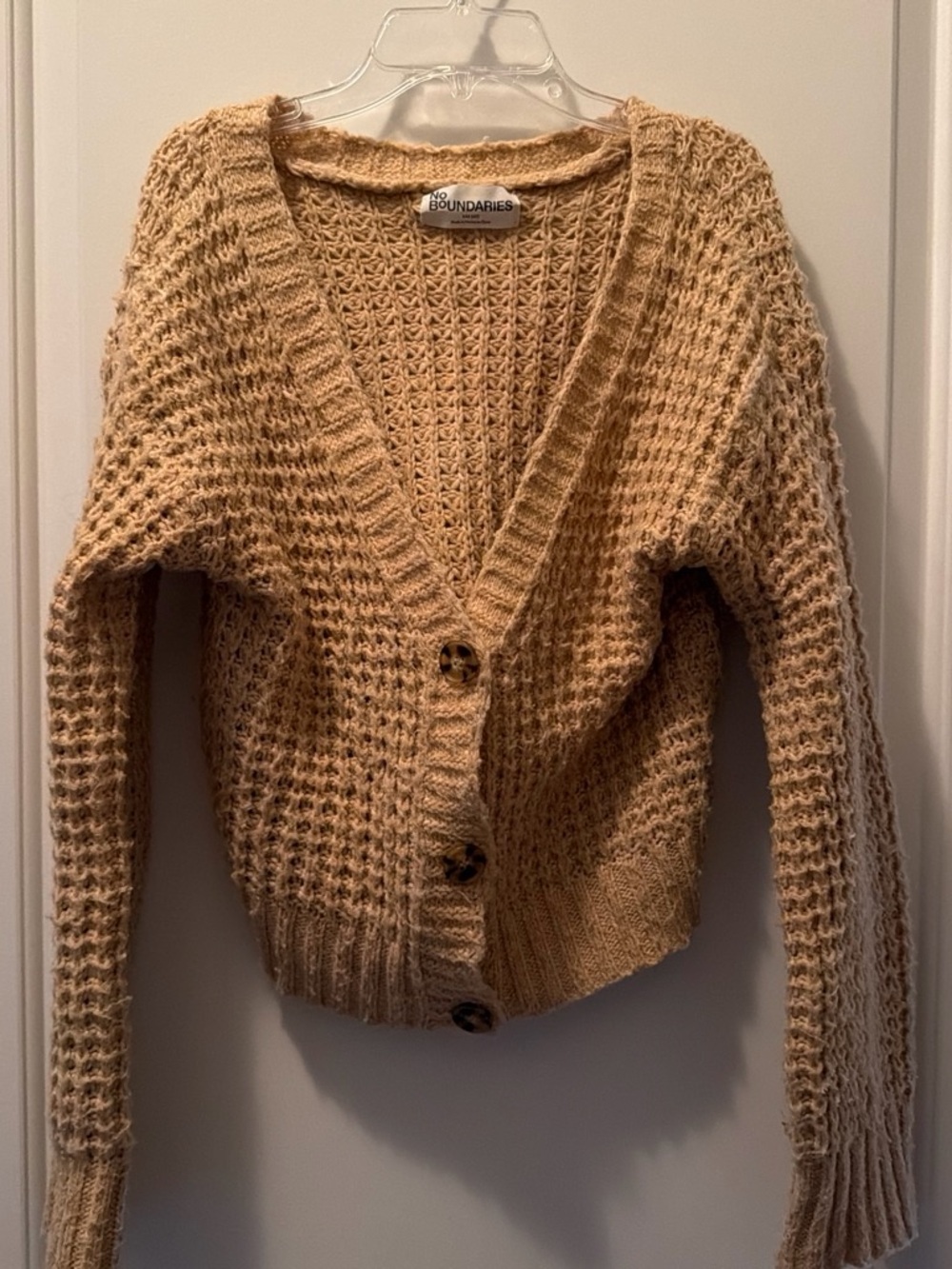 No Boundaries Camel/Tan Cropped Waffle-Knit Button Cardigan